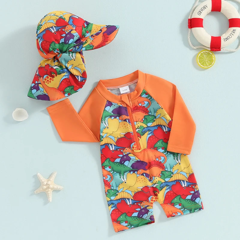 0-5Y Toddler Infant Baby Boys Swimsuit Kids Rash Guard Newborn Zipper Bathing Suit Swimwear with Hat