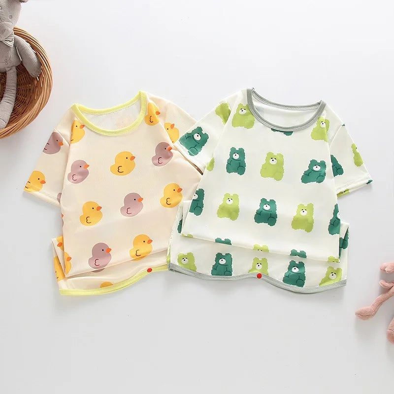 Newborn Infant Summer Air Conditioned Romper Thin Ice Silk Cartoon Print Bodysuits Soft Comfortable Kids Anti Kick Sleepwear