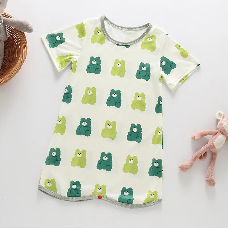 Newborn Infant Summer Air Conditioned Romper Thin Ice Silk Cartoon Print Bodysuits Soft Comfortable Kids Anti Kick Sleepwear
