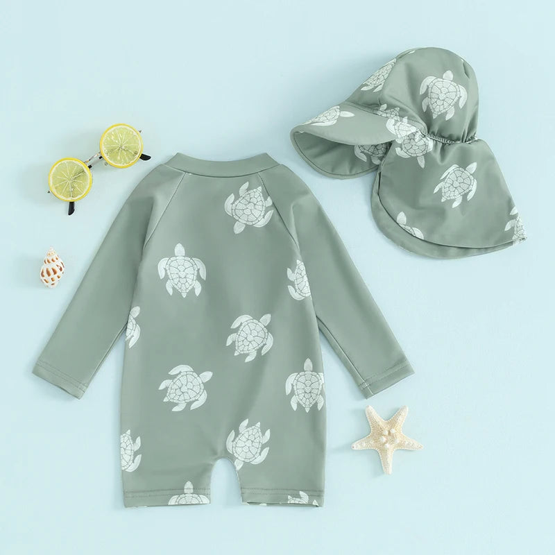0-5Y Toddler Infant Baby Boys Swimsuit Kids Rash Guard Newborn Zipper Bathing Suit Swimwear with Hat