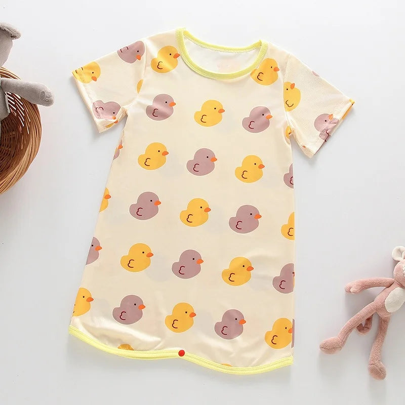 Newborn Infant Summer Air Conditioned Romper Thin Ice Silk Cartoon Print Bodysuits Soft Comfortable Kids Anti Kick Sleepwear