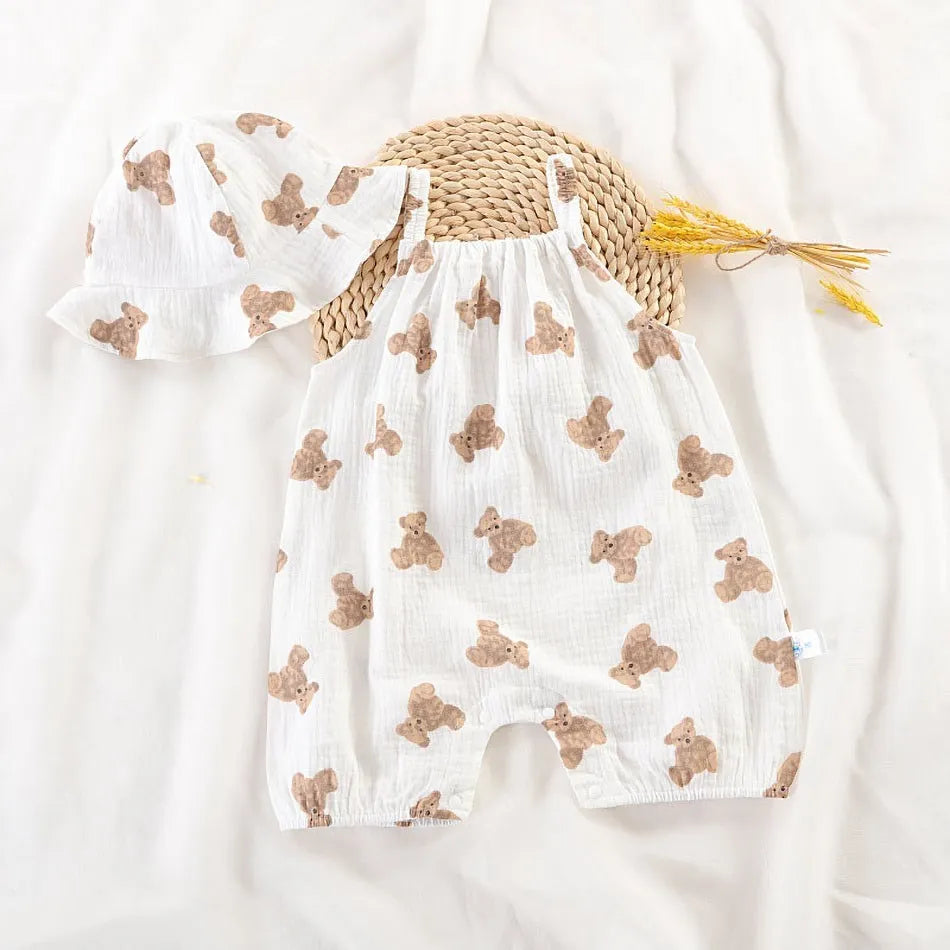 Baby Jumpsuit Newborn Summer Casual Onesie Boys Girls Bear Sleeper Infant Birthday Muslin One-Piece White Beige Romper with Hat