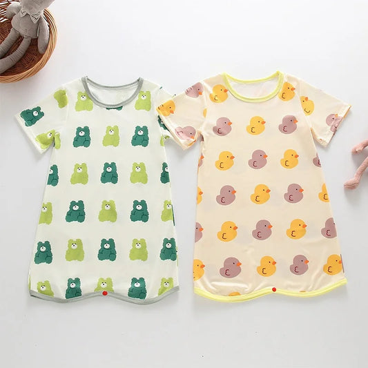 Newborn Infant Summer Air Conditioned  Romper Thin Ice Silk Cartoon Print Bodysuits Soft Comfortable Kids Anti Kick Sleepwear