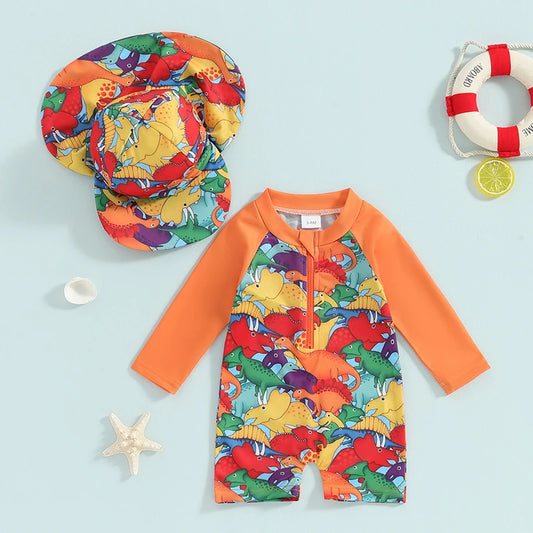 0-5Y Toddler Infant Baby Boys Swimsuit Kids Rash Guard Newborn Zipper Bathing Suit Swimwear with Hat